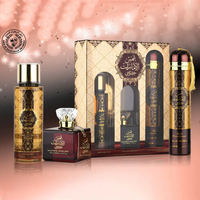 Ard Al Zaafaran Sham Al Emarat Khususi 3 Piece Gift Set: Eau De Parfum 100ml - Perfume Mist 250ml - Air Freshener 300ml