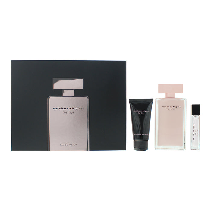 Narciso Rodriguez For Her 3 Piece Gift Set: Eau De Parfum 100ml - Body Lotion 50ml - Eau De Parfum 10ml