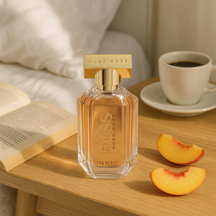 A photograph features a Hugo Boss "The Scent" perfume bottle on a sunlit wooden bedside table, set against white linen bedding, with an open book, a white coffee cup, and peach slices, evoking a serene morning atmosphere.