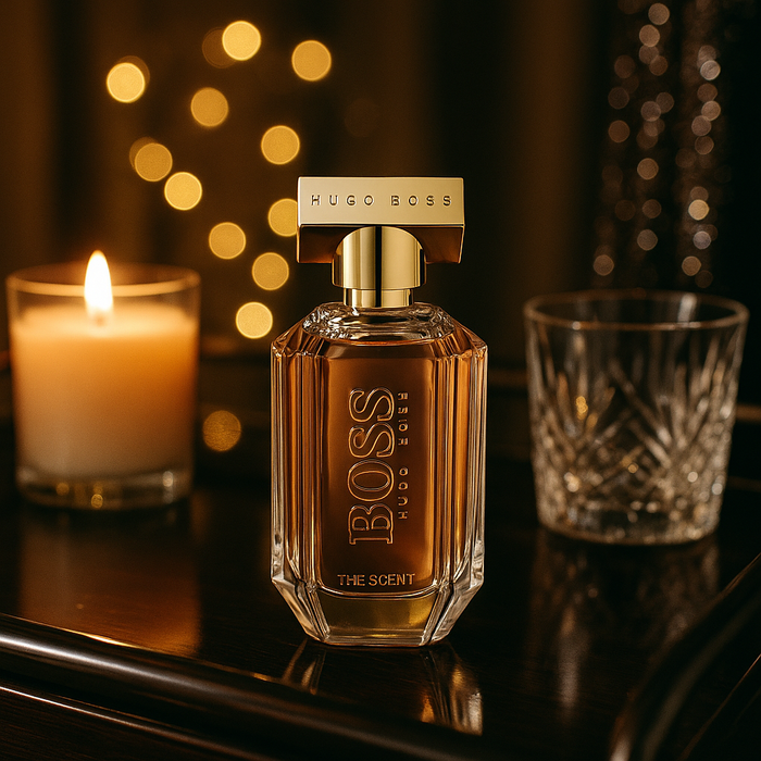A photograph captures a Hugo Boss "The Scent" perfume bottle on a glossy dark wooden bar cart, illuminated by the glow of a candle and surrounded by crystal glassware. Warm fairy lights and the shimmer of a sparkling evening dress are softly blurred in the background, creating a luxurious evening ambiance