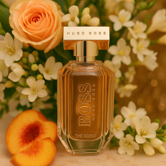 A photograph showcases a bottle of "BOSS The Scent" for her, nestled among peach slices, white freesia, jasmine, and peach-hued osmanthus flowers. The image uses a warm, dreamy filter to highlight the floral and fruity essence of the fragrance