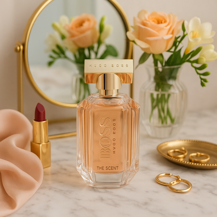 A photograph showcases a Hugo Boss "THE SCENT" perfume bottle displayed on a marble vanity, surrounded by a gold-trimmed mirror, a small bouquet of peach roses and white freesias, a silk scarf, luxury lipstick, and gold jewelry, all bathed in soft, natural light.